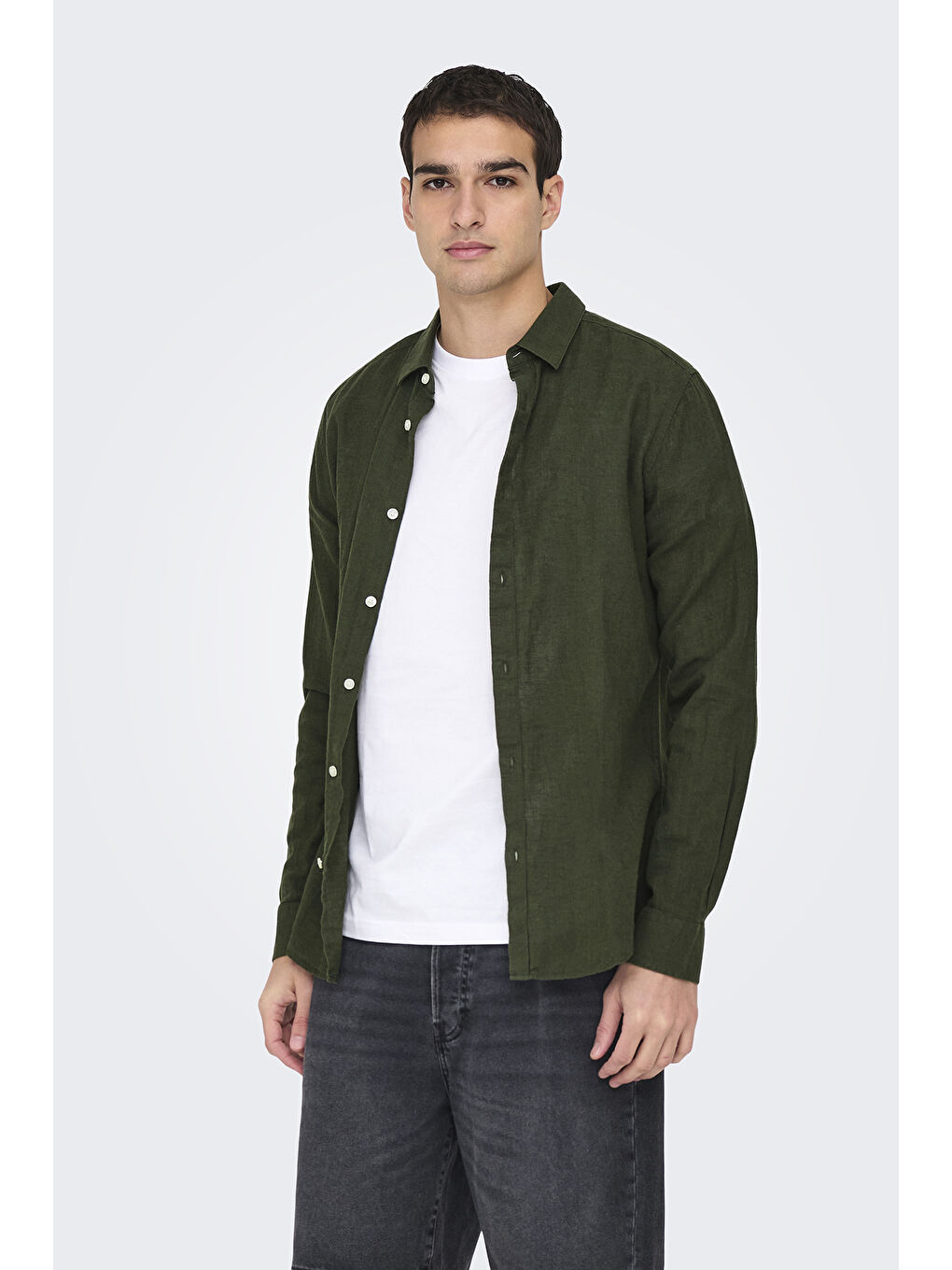 Haki Onscaiden Keten ve Pamuk Karışımlı Slim Fit Gömlek 22012321-1