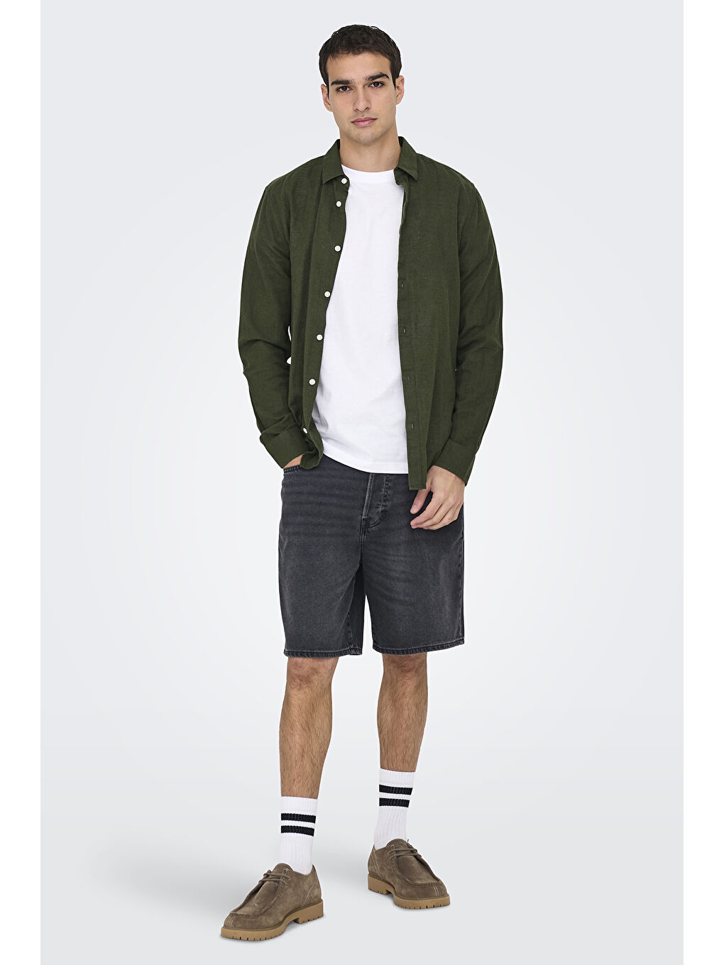 Haki Onscaiden Keten ve Pamuk Karışımlı Slim Fit Gömlek 22012321-2