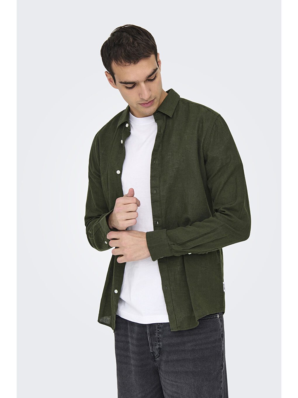 Haki Onscaiden Keten ve Pamuk Karışımlı Slim Fit Gömlek 22012321-3