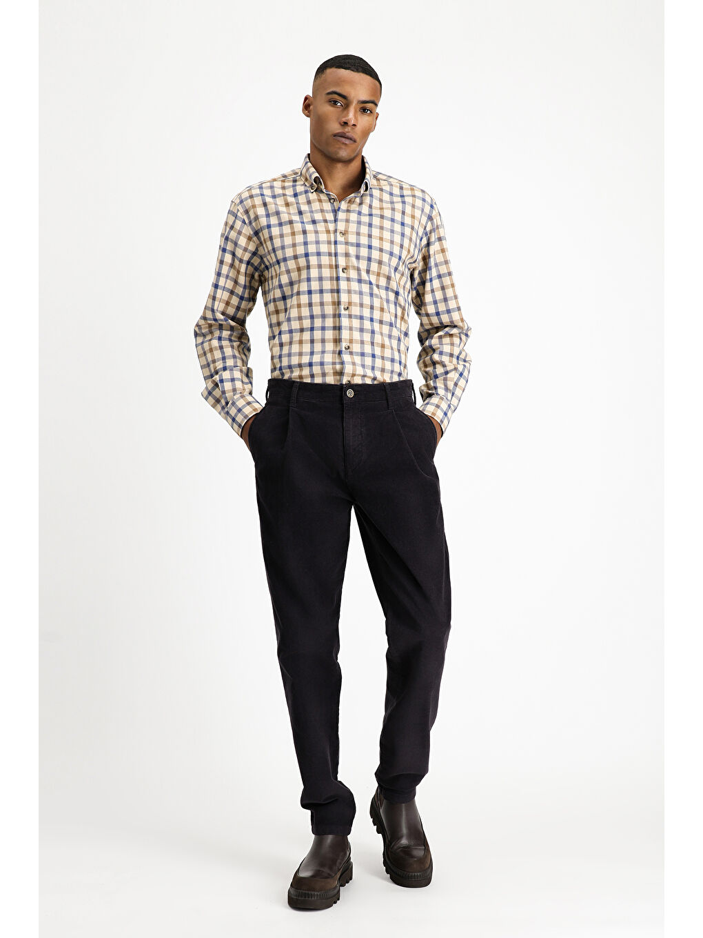 Antrasit Regular Fit Elastanlı Pileli Kadife Pantolon-1