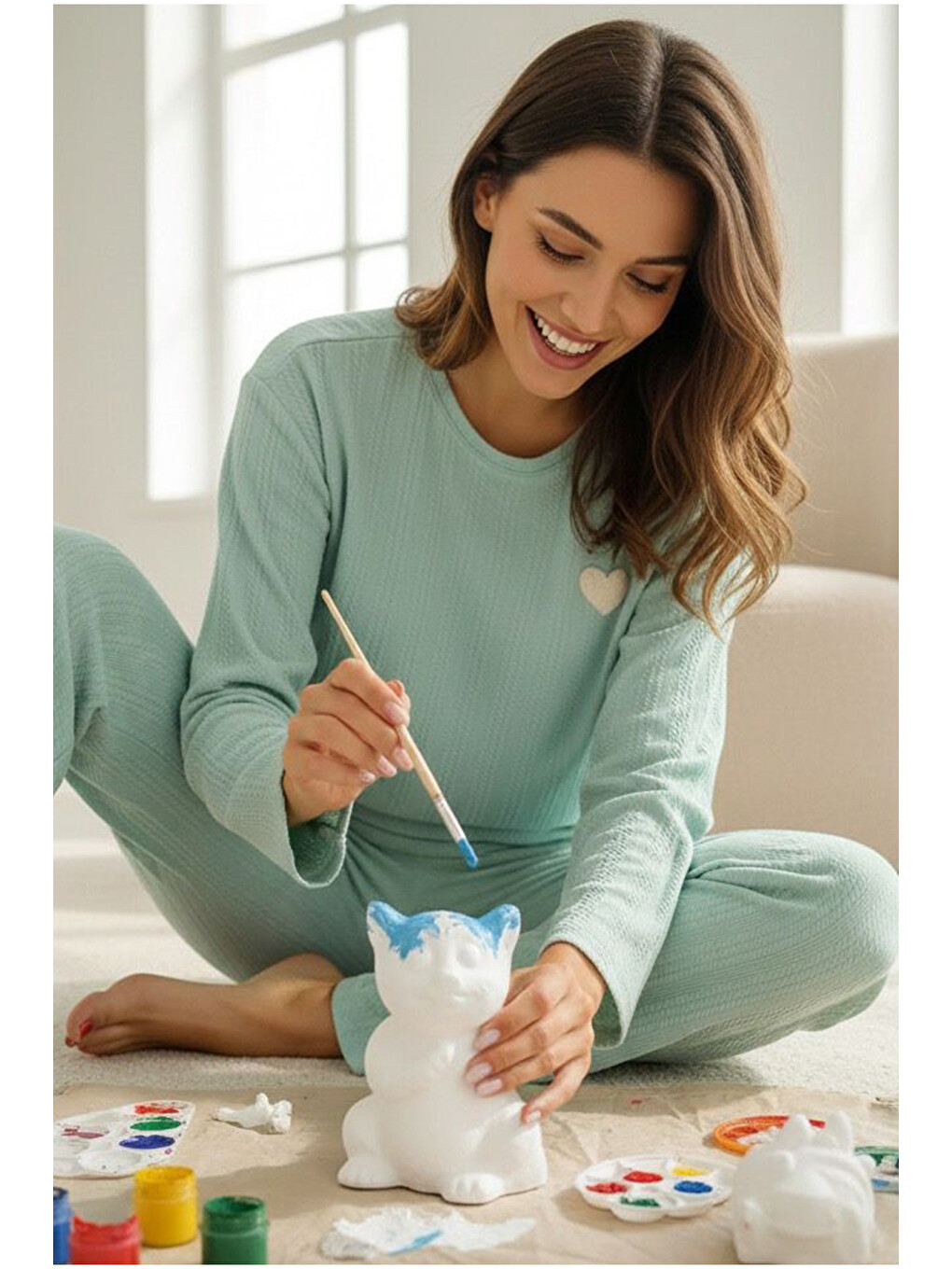 Yeşil Kalp Nakışlı Fitilli Yumuşak Tuşe Örme Pijama Takım