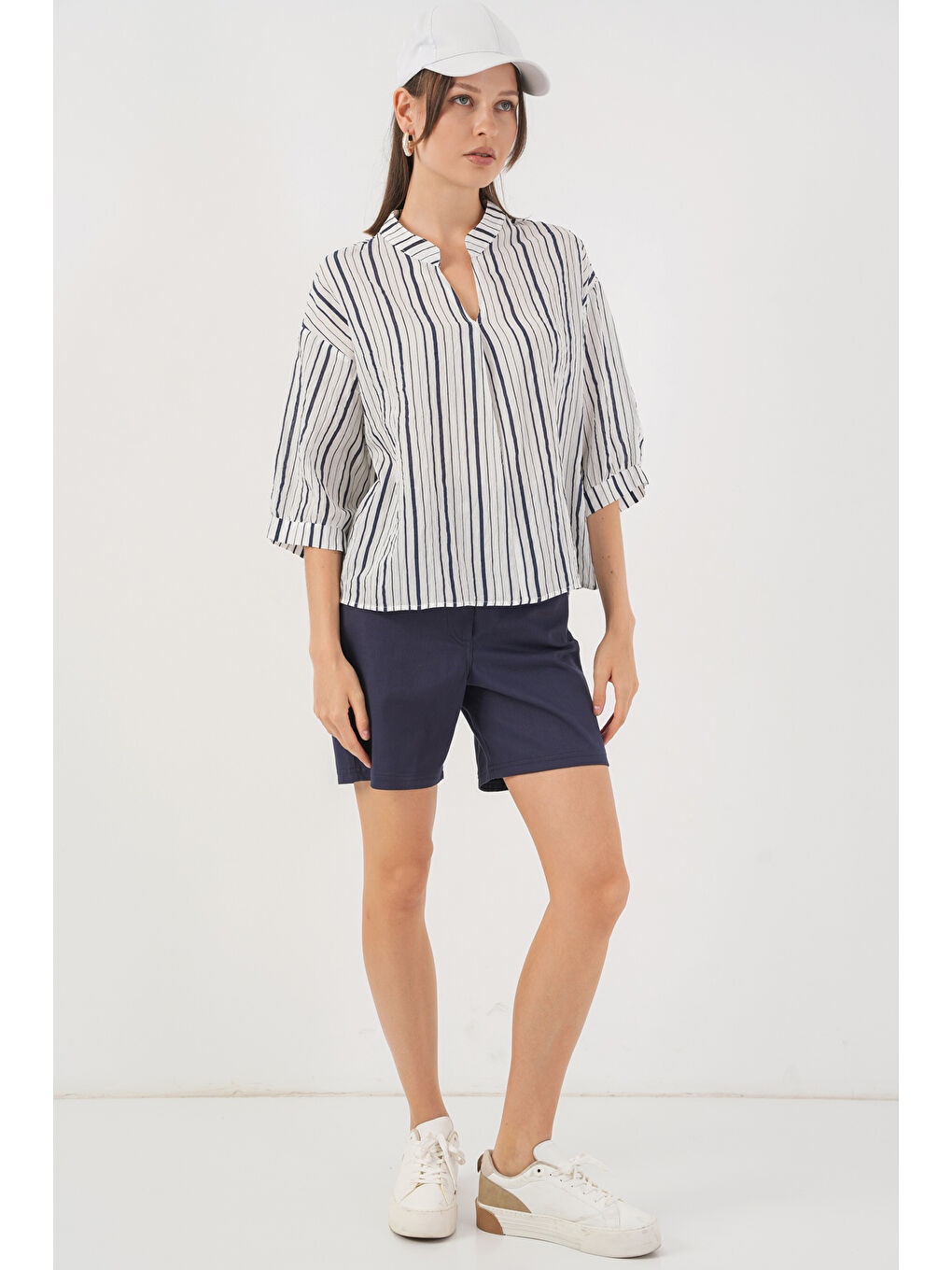 Kadın Çizgili Oversize Bluz 967 - F.Lacivert-3