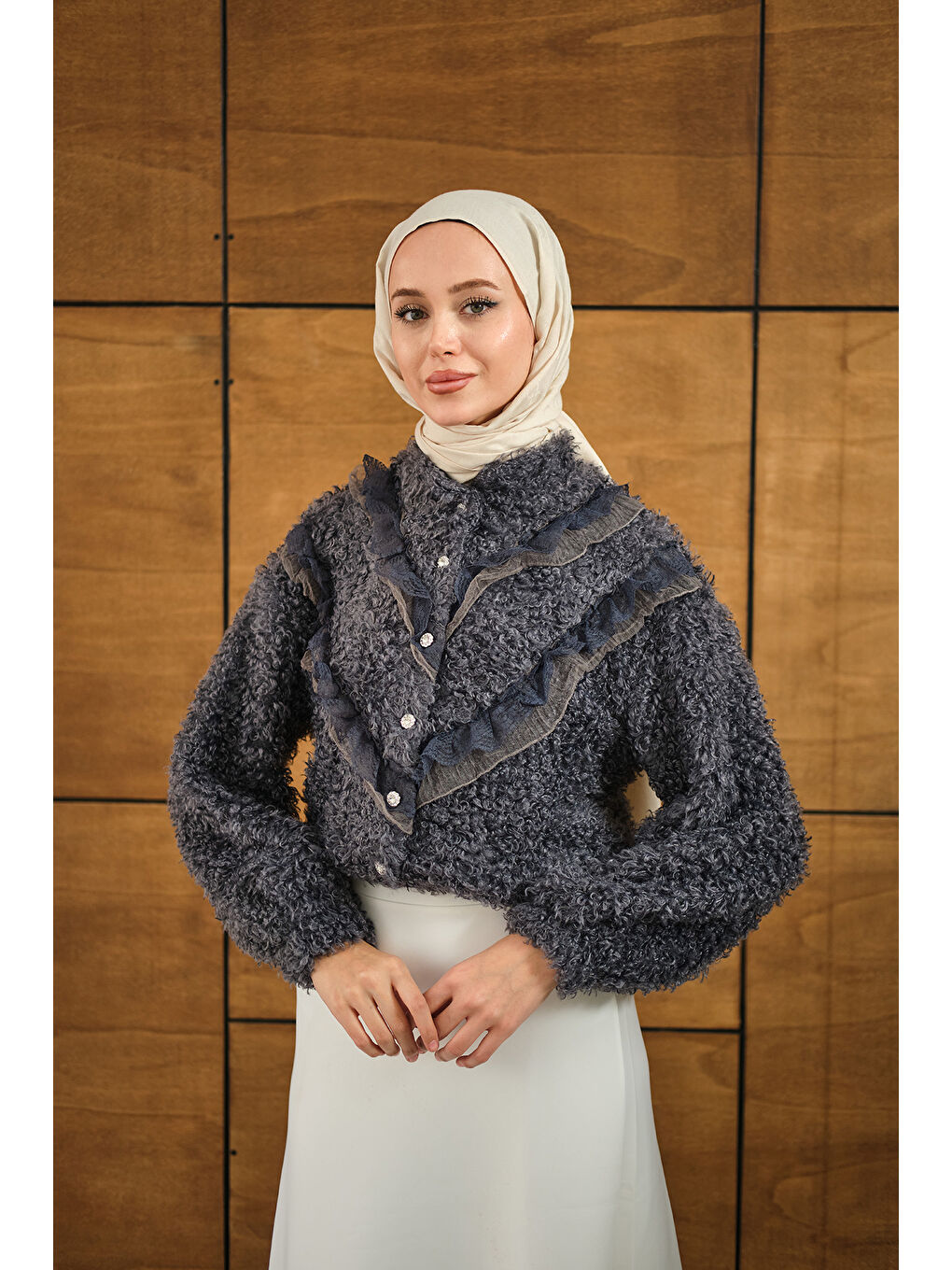 Kadın Dantelli V Kat Hırka Antrasit-1