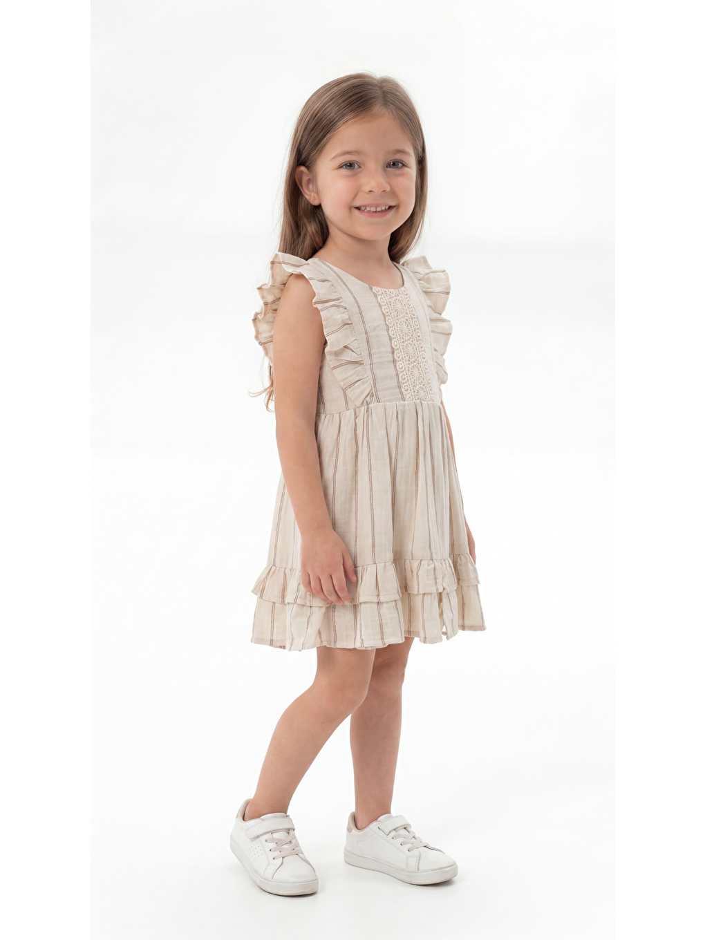 Bej Çizgili Fırfırlı  Kız Çocuk Elbise-1