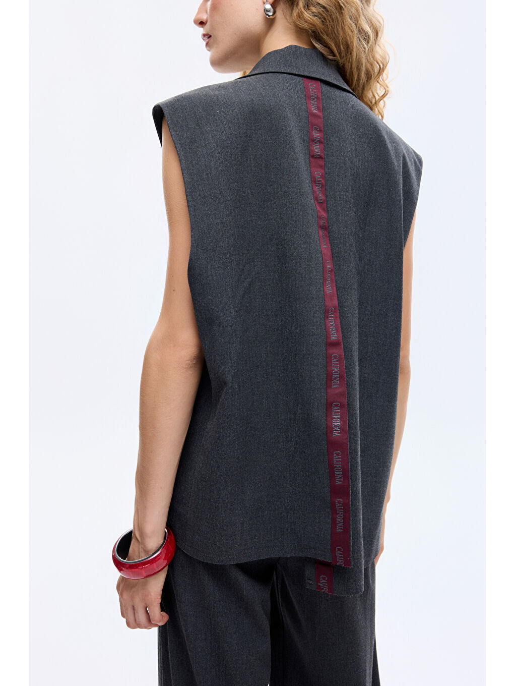 Kruvaze Yaka Sırtı Şerit Detaylı Yelek Ceket Antrasit-4