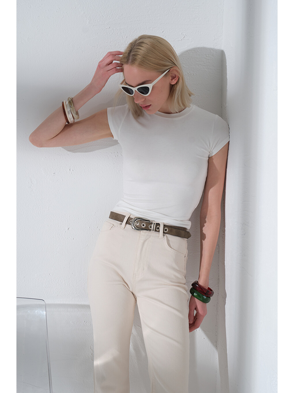 Ekru Bisiklet Yaka Soft Touch Premium Ay Kol Örme Body Bluz @Adige-5