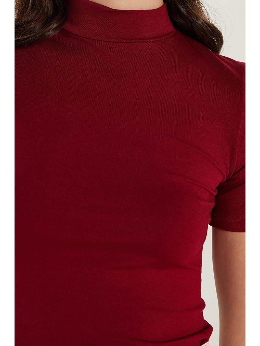 Kadın Standart Fit Kısa Kollu Yarım Balıkçı Yaka Bordo Bluz-2