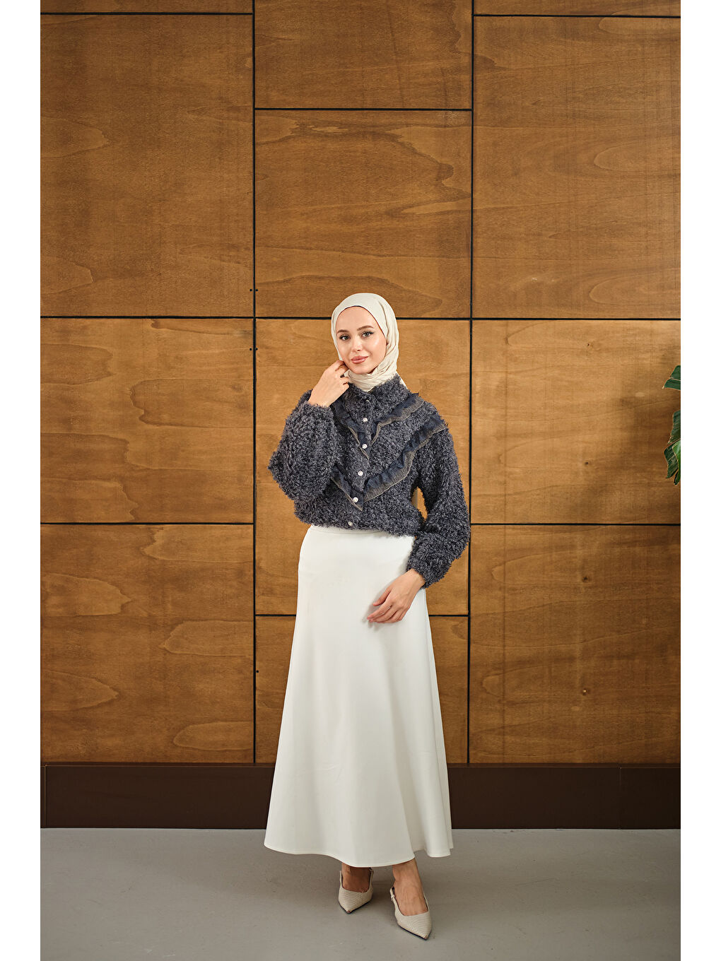 Kadın Dantelli V Kat Hırka Antrasit-2