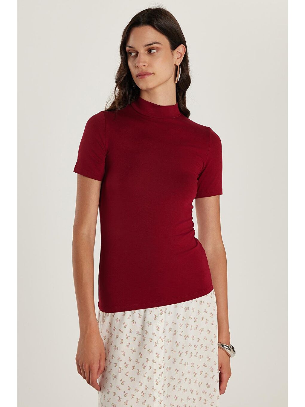 Kadın Standart Fit Kısa Kollu Yarım Balıkçı Yaka Bordo Bluz-3