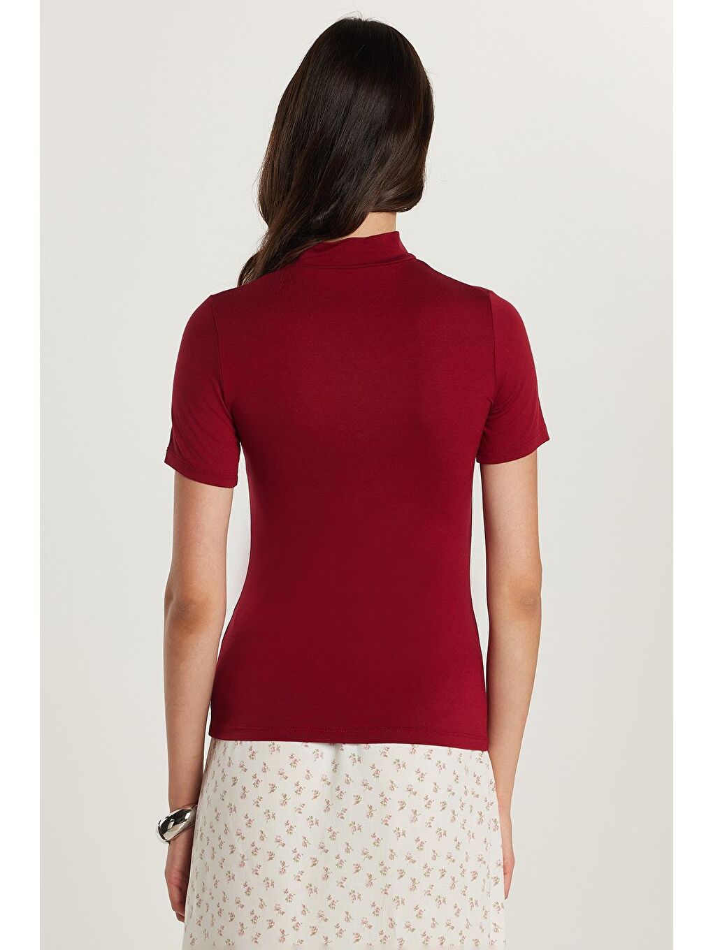Kadın Standart Fit Kısa Kollu Yarım Balıkçı Yaka Bordo Bluz-4