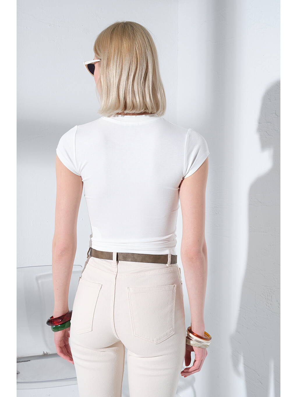 Ekru Bisiklet Yaka Soft Touch Premium Ay Kol Örme Body Bluz @Adige-7