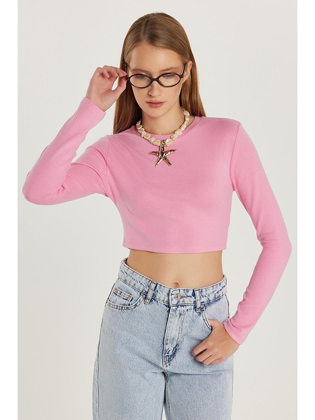 Kadın Slim Fit Modal Kumaş Pamuklu Bisiklet Yaka Pembe Bluz-1