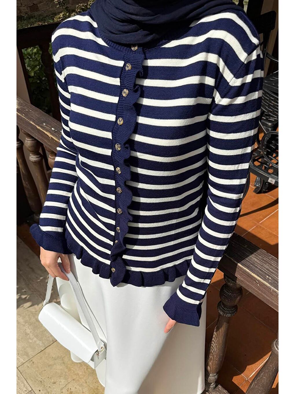 Fırfırlı Çizgili Hırka Lacivert-2