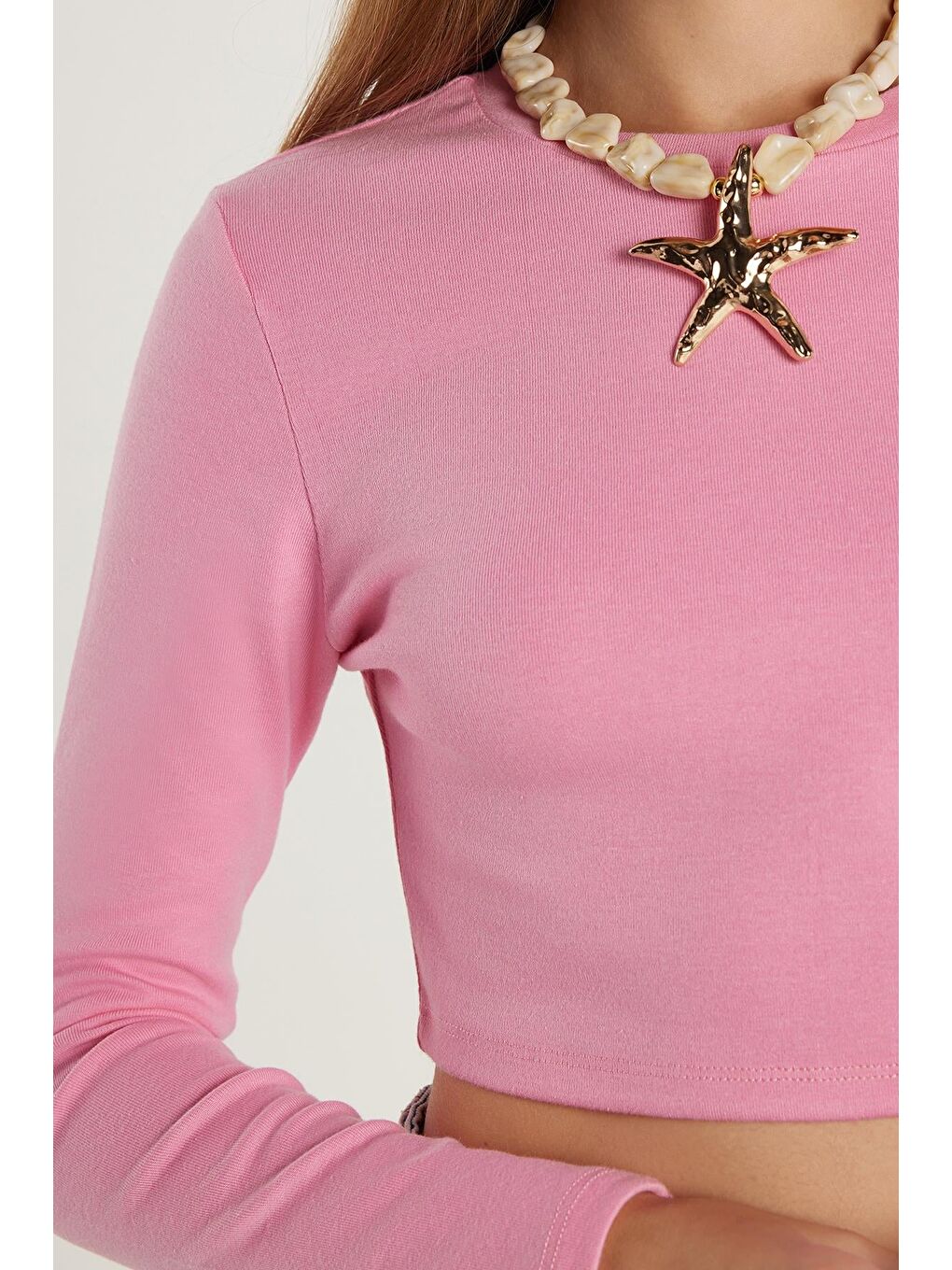 Kadın Slim Fit Modal Kumaş Pamuklu Bisiklet Yaka Pembe Bluz-2