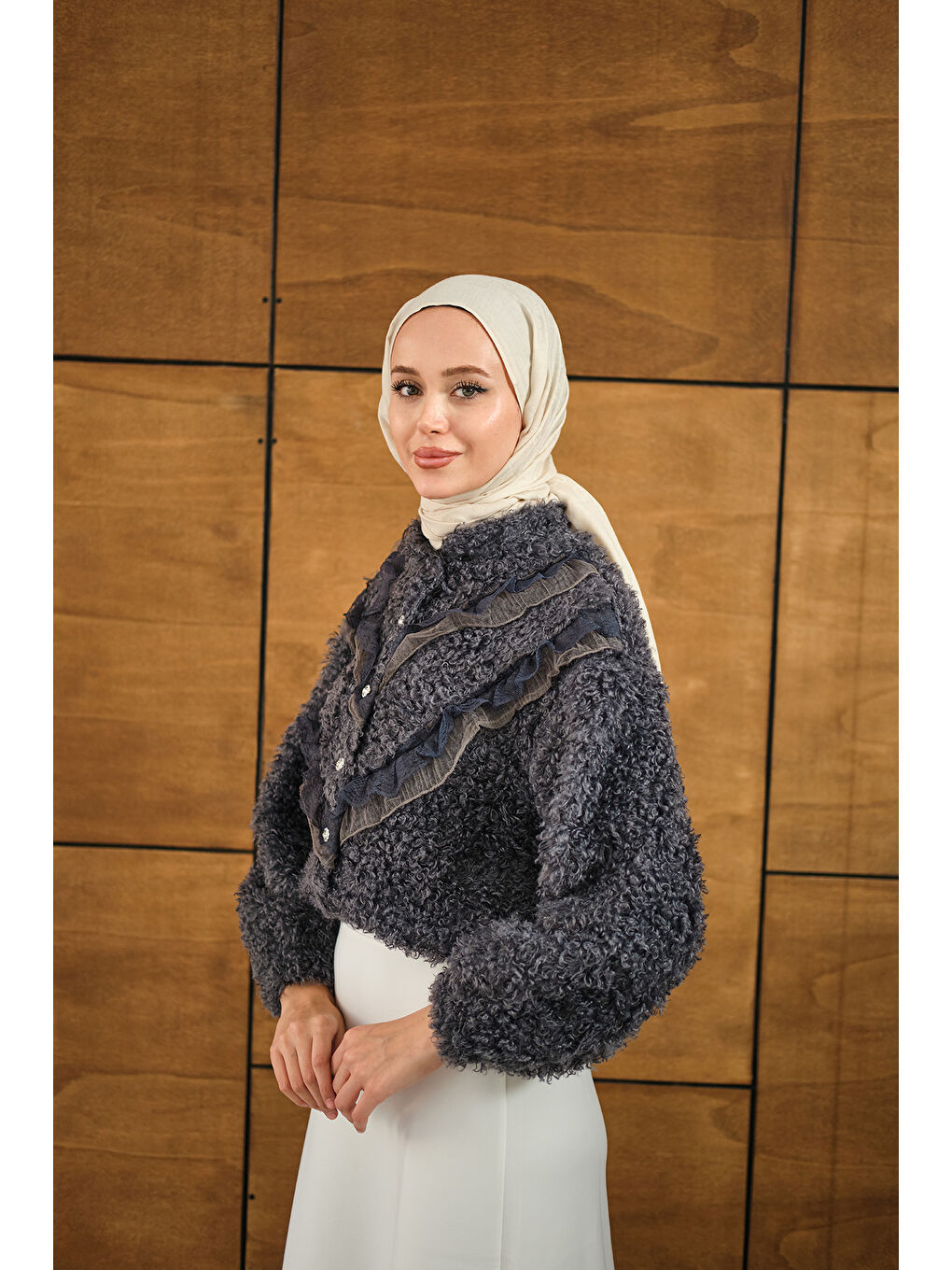 Kadın Dantelli V Kat Hırka Antrasit-3