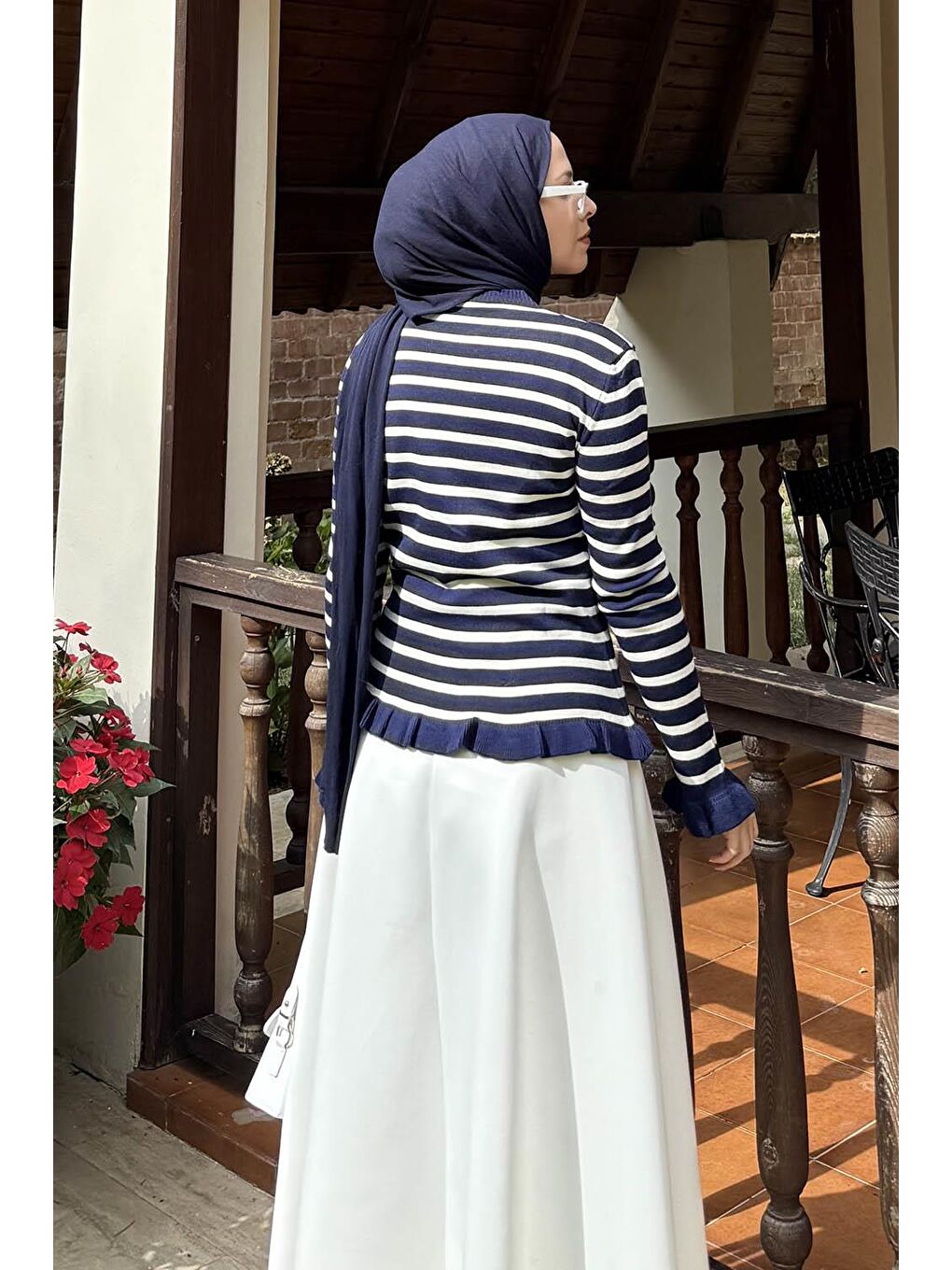 Fırfırlı Çizgili Hırka Lacivert-3