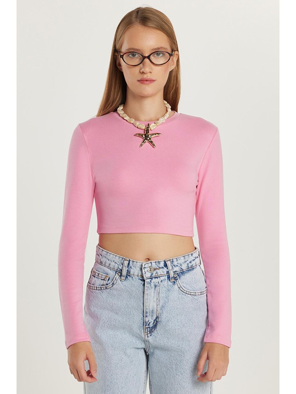 Kadın Slim Fit Modal Kumaş Pamuklu Bisiklet Yaka Pembe Bluz-3