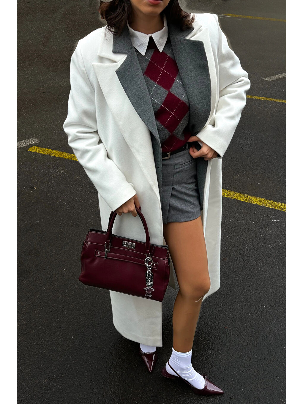 Kadın Bordo Baklava Desen Kazak 1014-5219-8