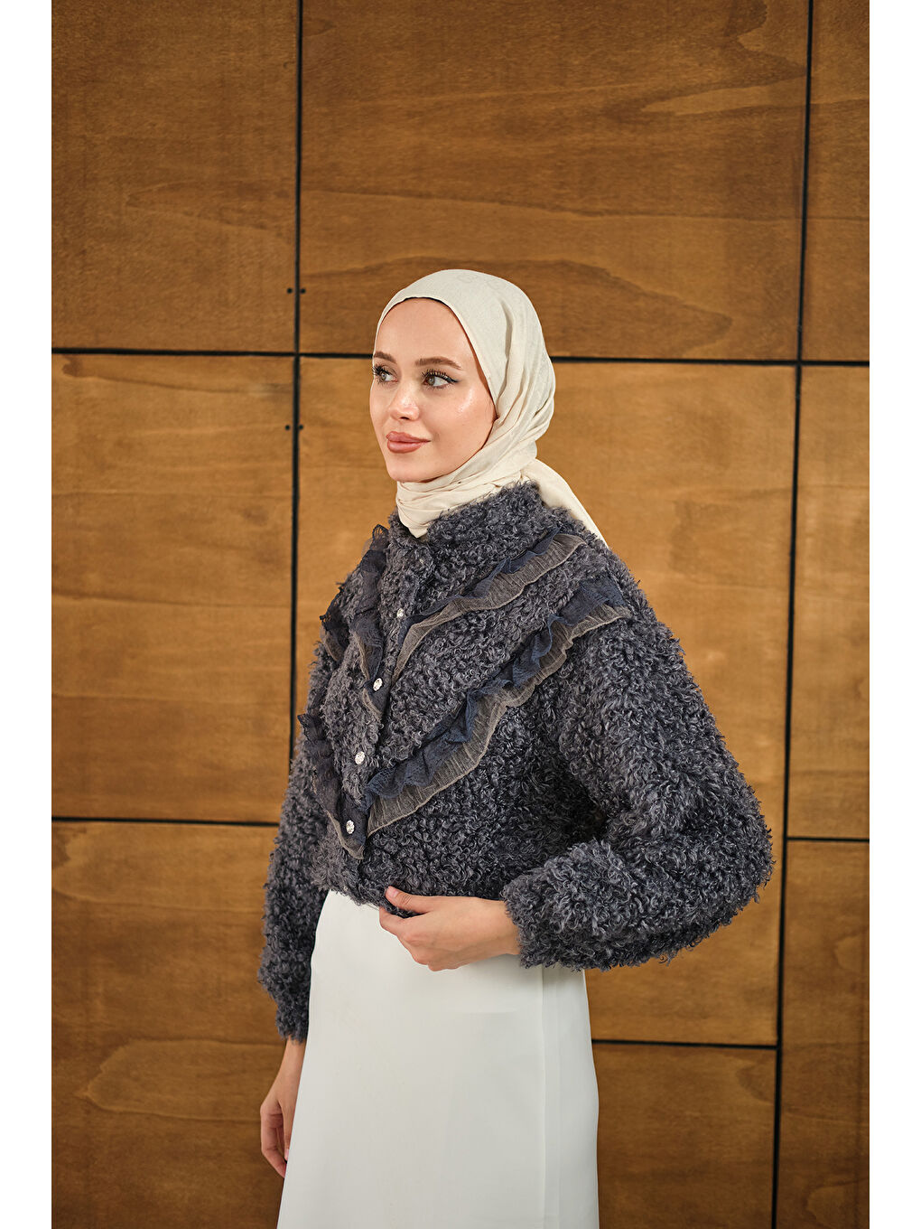 Kadın Dantelli V Kat Hırka Antrasit-4