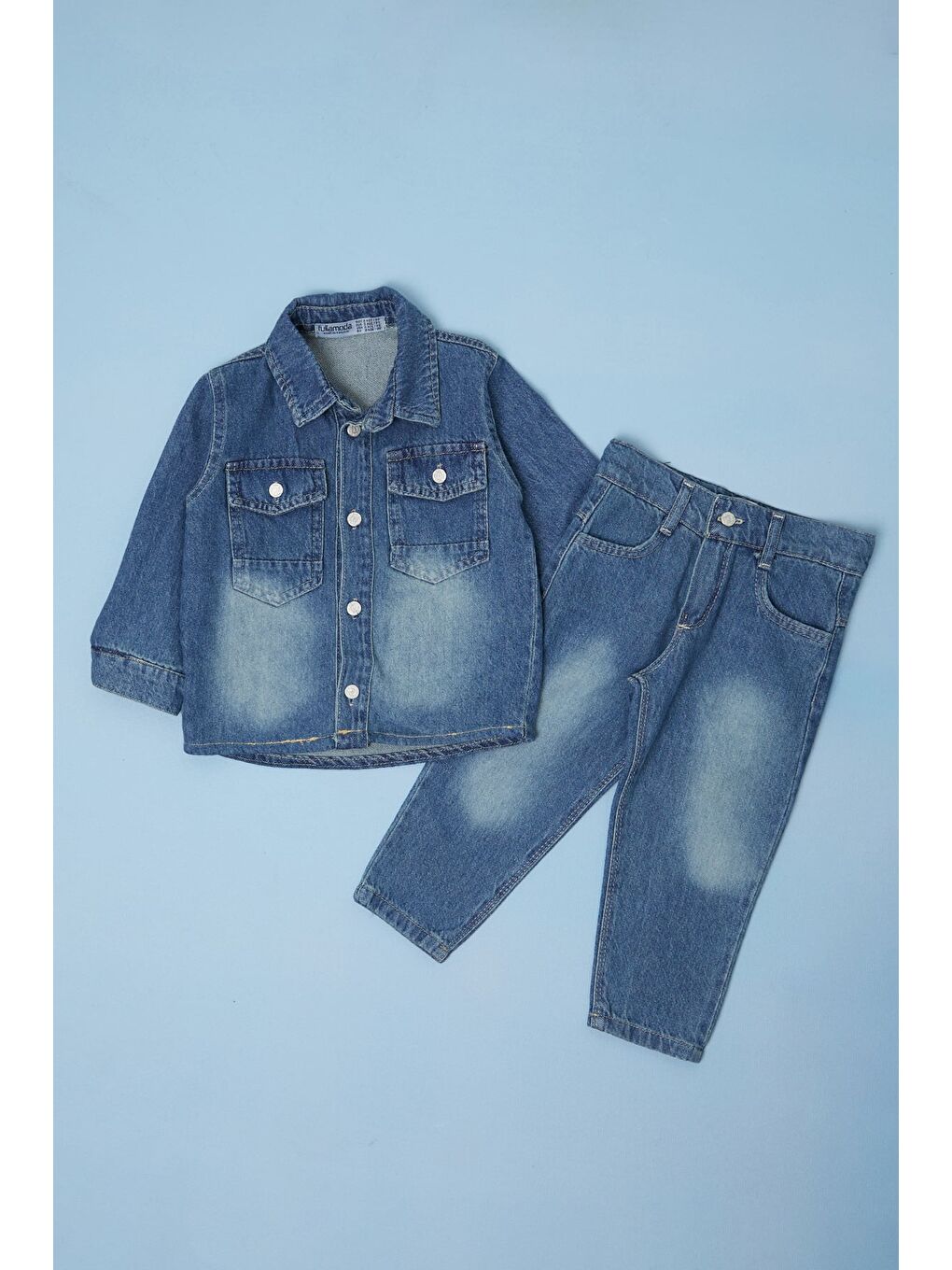 Mavi Düğmeli Polo Yaka  Erkek Çocuk Jean 3 Lü Takım-1