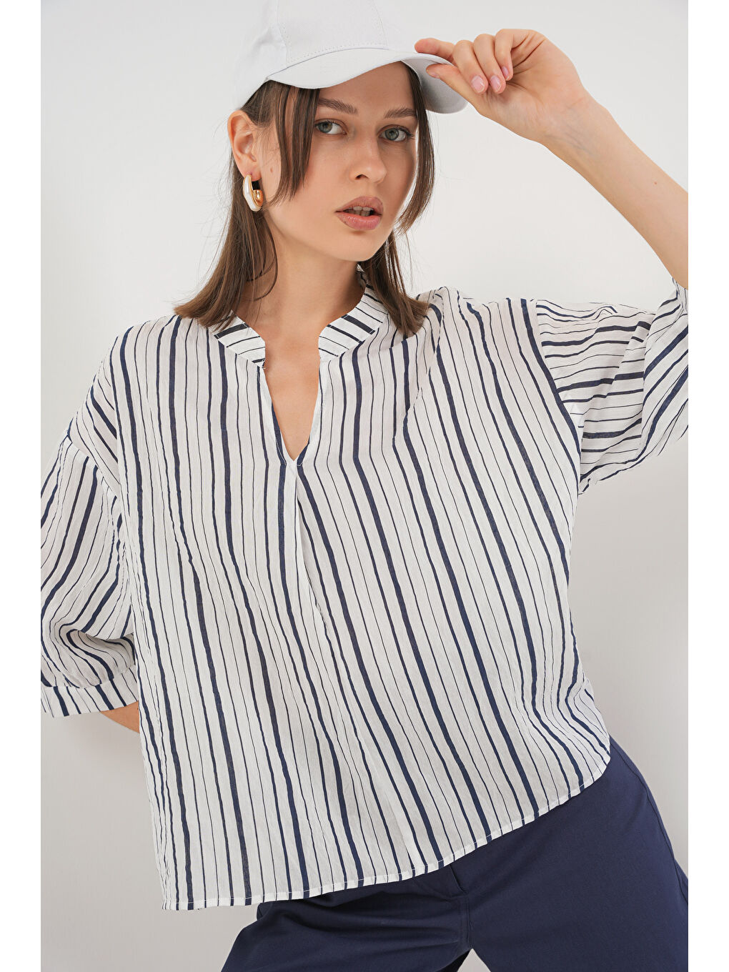 Kadın Çizgili Oversize Bluz 967 - F.Lacivert-5