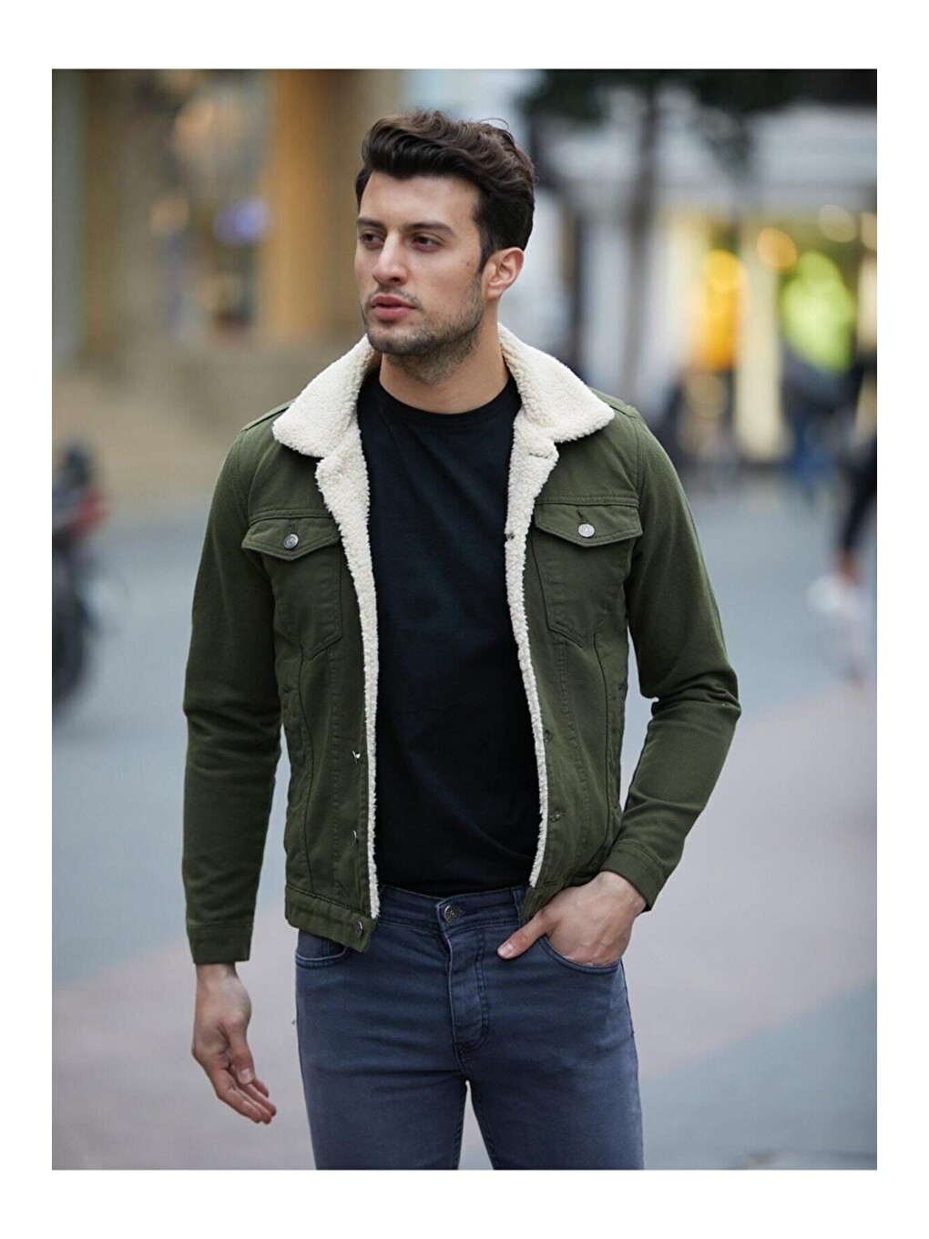 Haki Erkek Içi Kürklü Jean Ceket-1