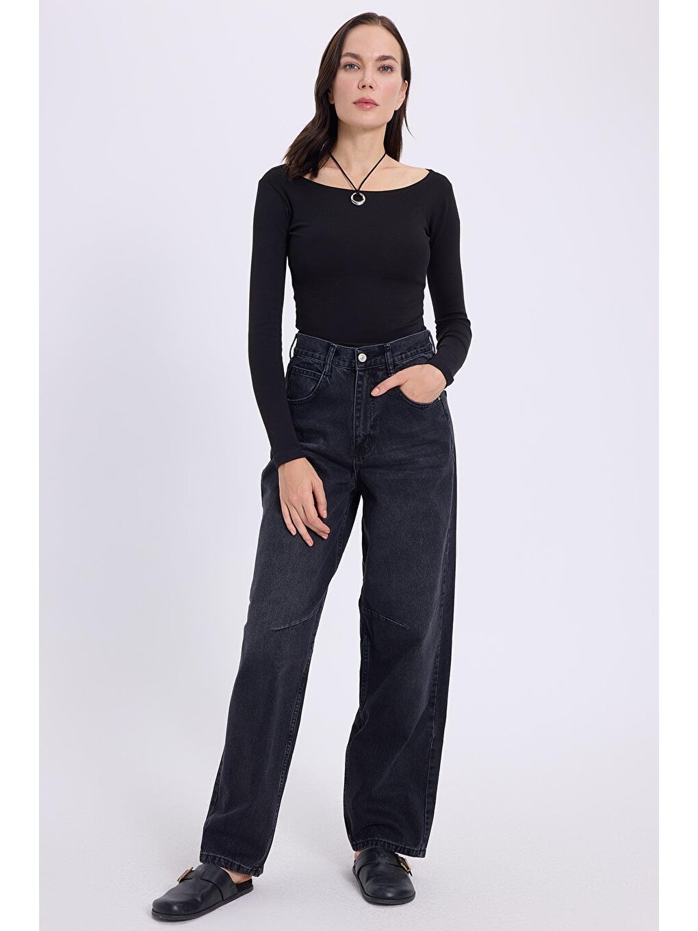 Kadın Slim Fit Dar Kesim Pamuklu Modal Kumaş Uzun Kollu Kayık Yaka Siyah Bluz-3