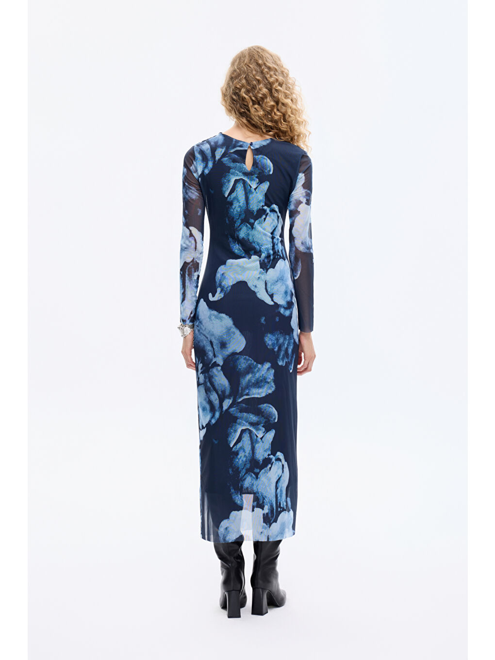 Sulu Boya Çiçek Desenli Drapeli Tül Elbise Lacivert-4