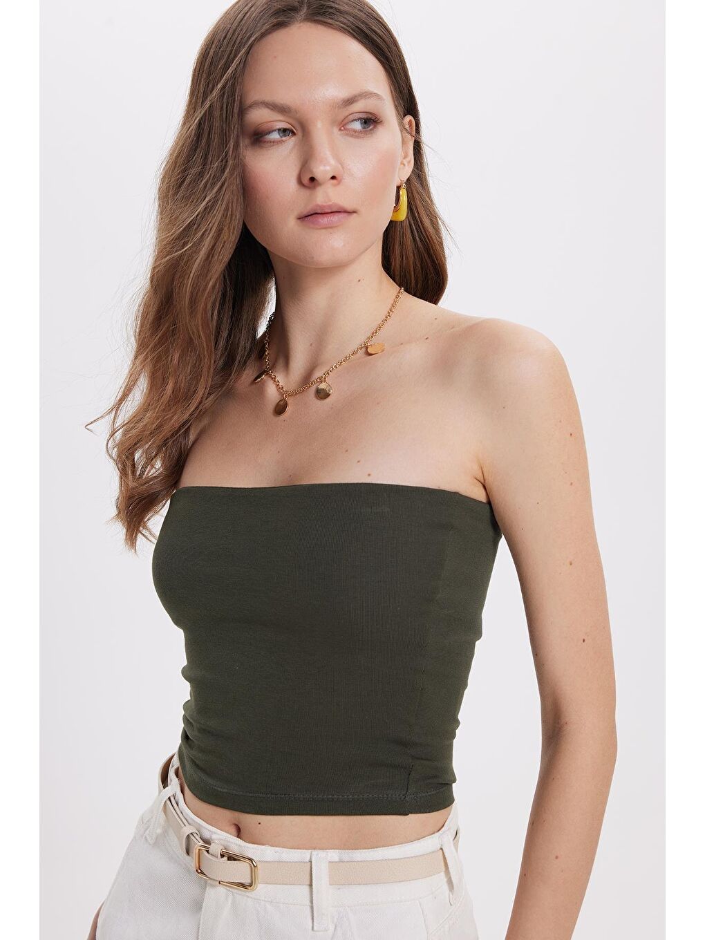 Kadın Slim Fit Dar Kesim Pamuklu Straplez Haki Bluz