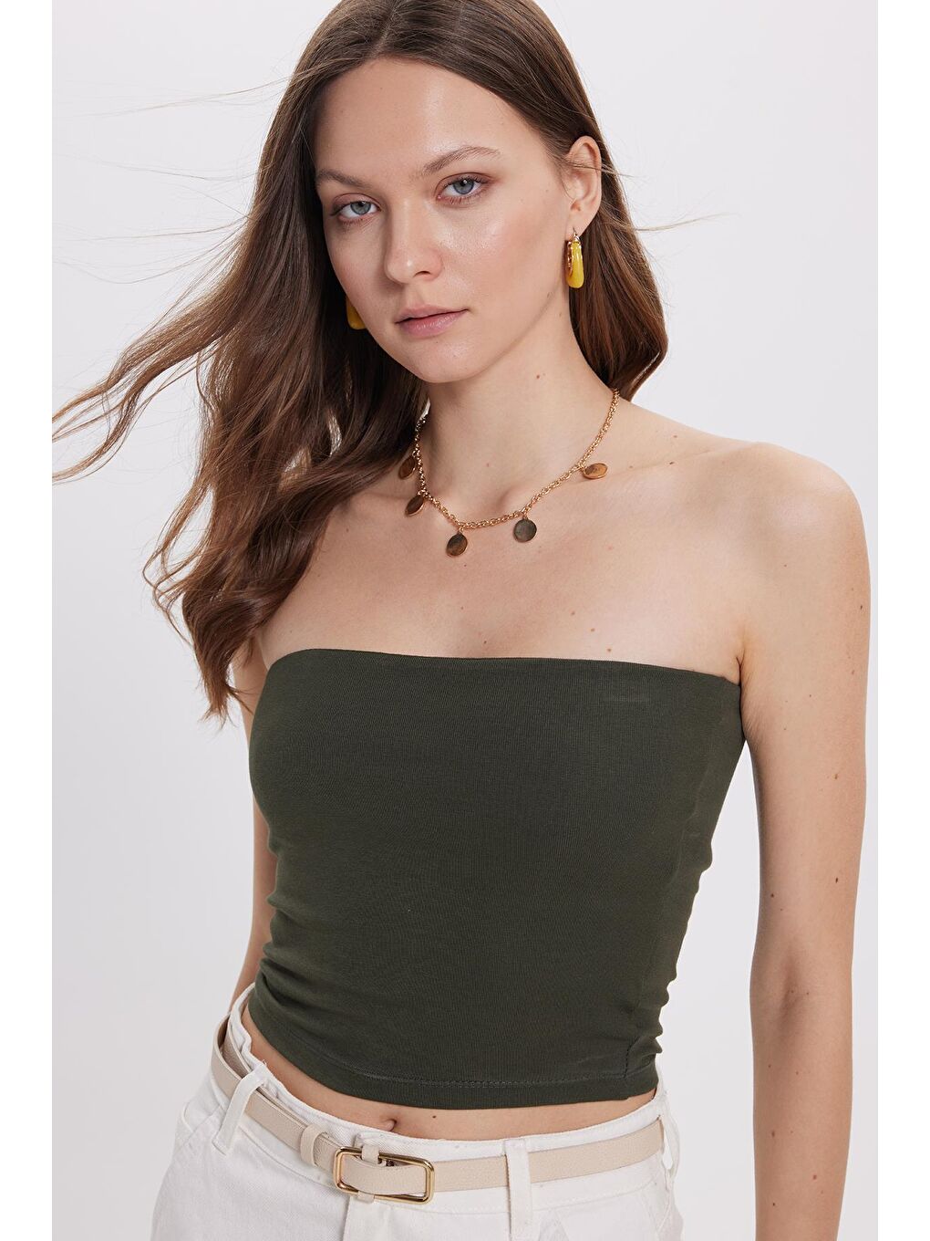 Kadın Slim Fit Dar Kesim Pamuklu Straplez Haki Bluz-1