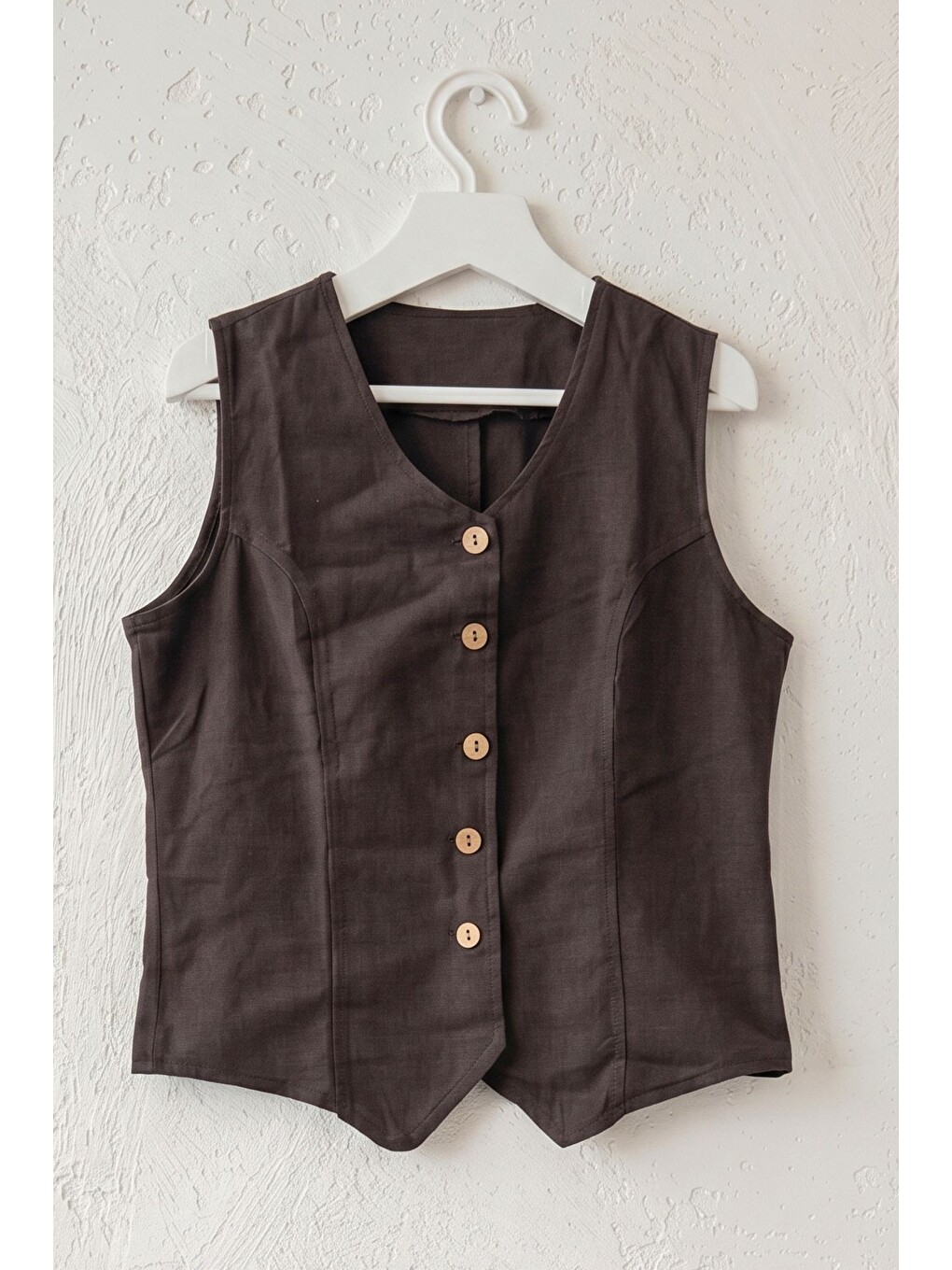 Kahverengi V Yaka Düğmeli Yıkamalı Kulplu Casual Fitted Dokuma Yelek 55 50-1