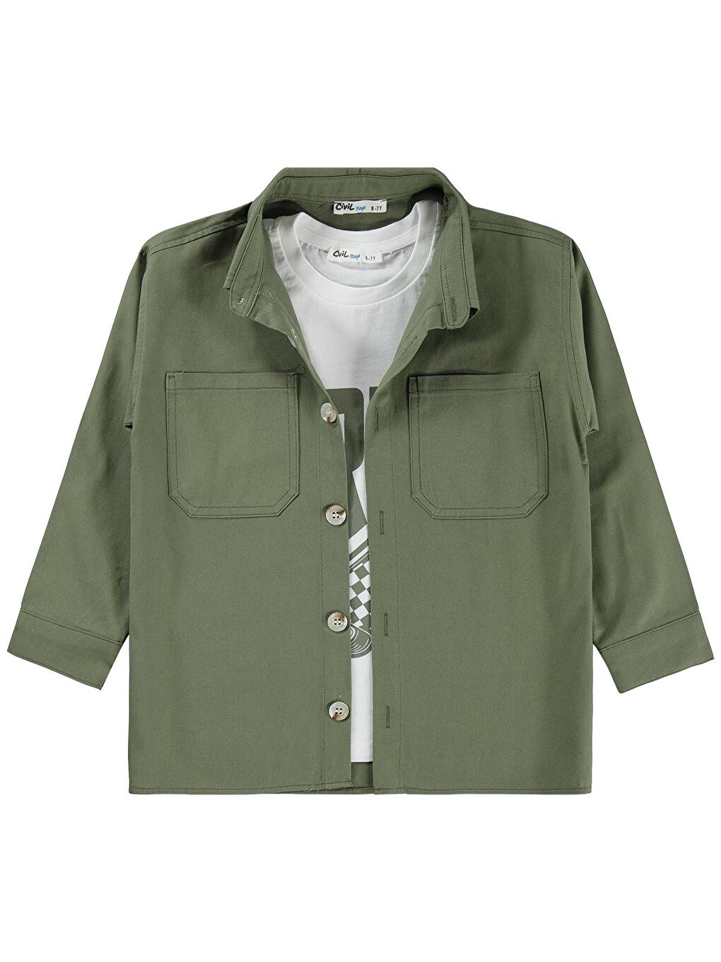 Boys Çift Cepli Tişörtlü 10-13 Yaş Gömlek - Haki