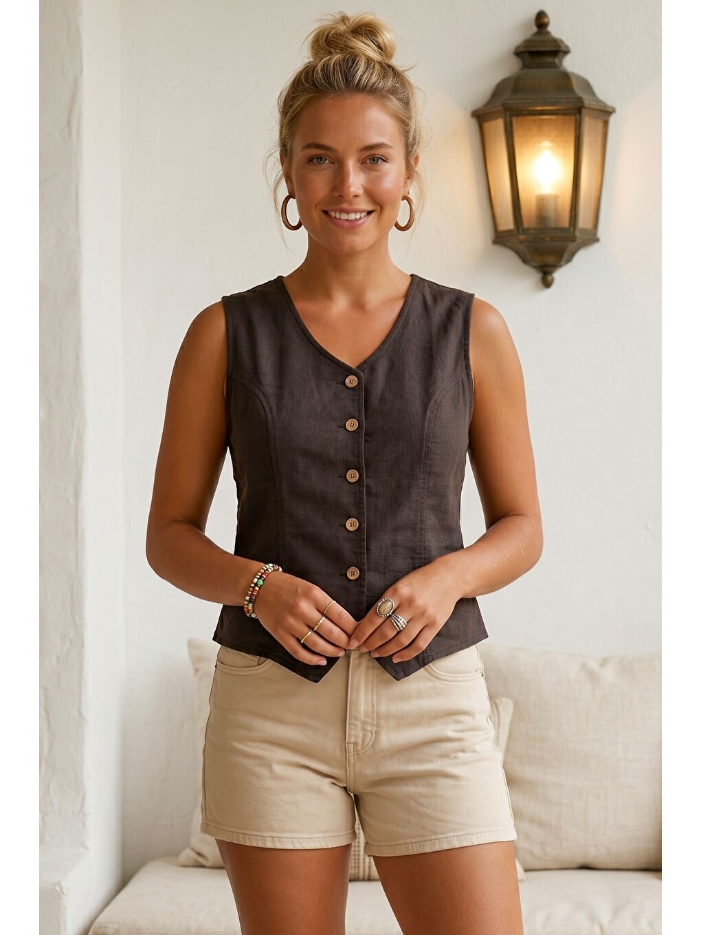 Kahverengi V Yaka Düğmeli Yıkamalı Kulplu Casual Fitted Dokuma Yelek 55 50-2