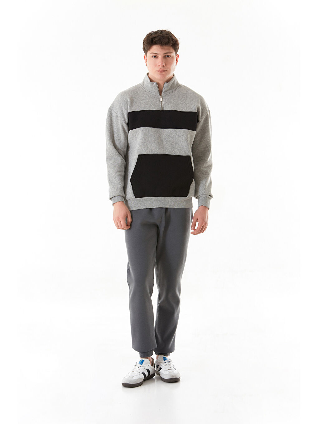 Gri 3 İplik Renk Bloklu Yarım Fermuarlı Kanguru Cep Sweatshirt-1