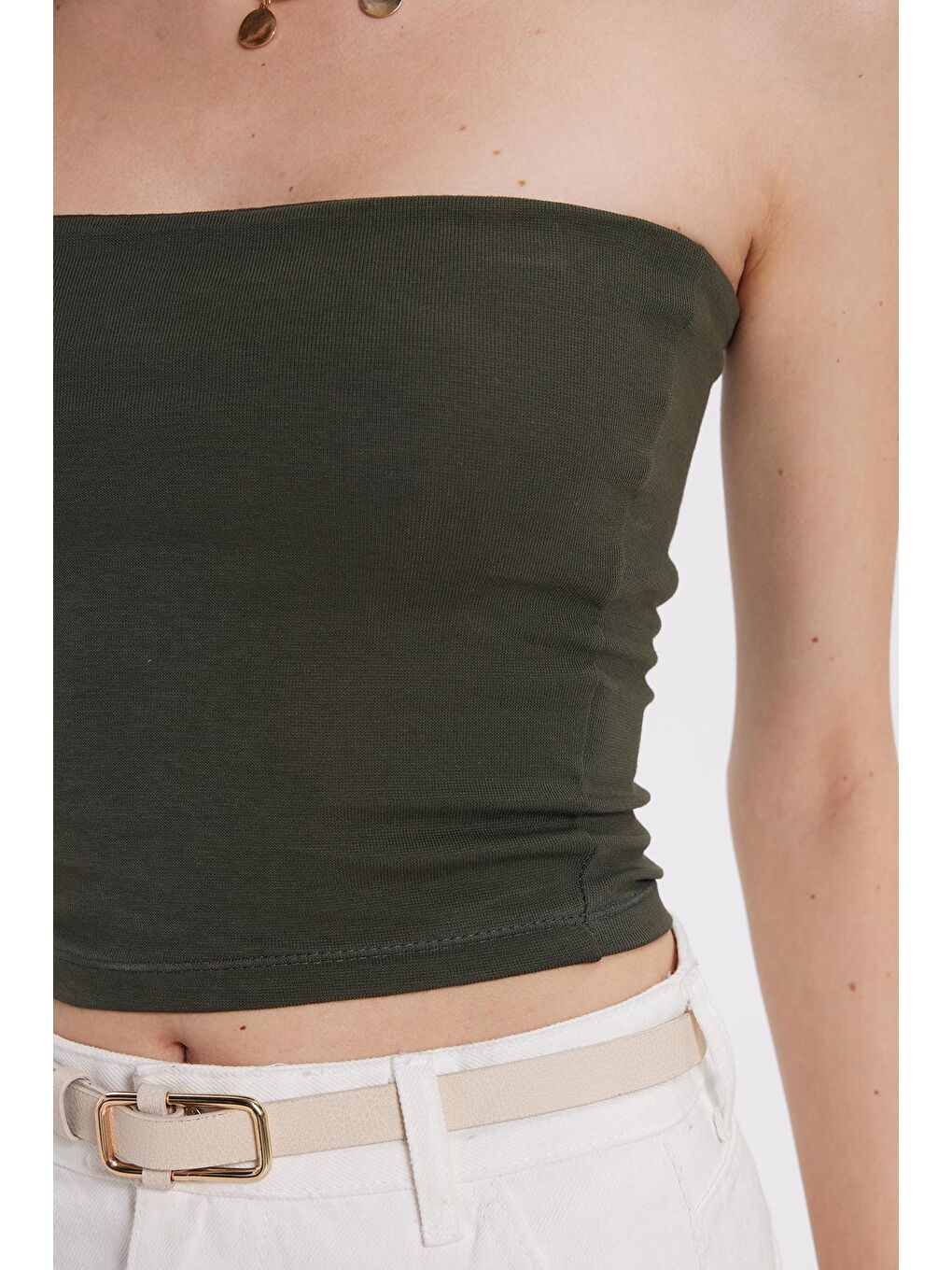 Kadın Slim Fit Dar Kesim Pamuklu Straplez Haki Bluz-3