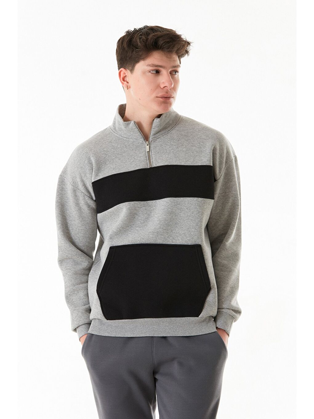 Gri 3 İplik Renk Bloklu Yarım Fermuarlı Kanguru Cep Sweatshirt-2