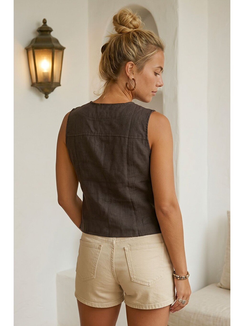 Kahverengi V Yaka Düğmeli Yıkamalı Kulplu Casual Fitted Dokuma Yelek 55 50-4