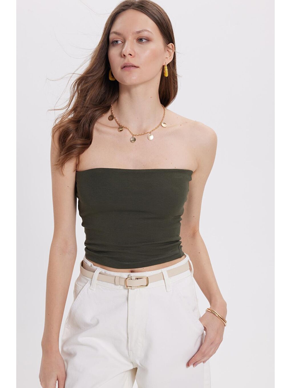 Kadın Slim Fit Dar Kesim Pamuklu Straplez Haki Bluz-5