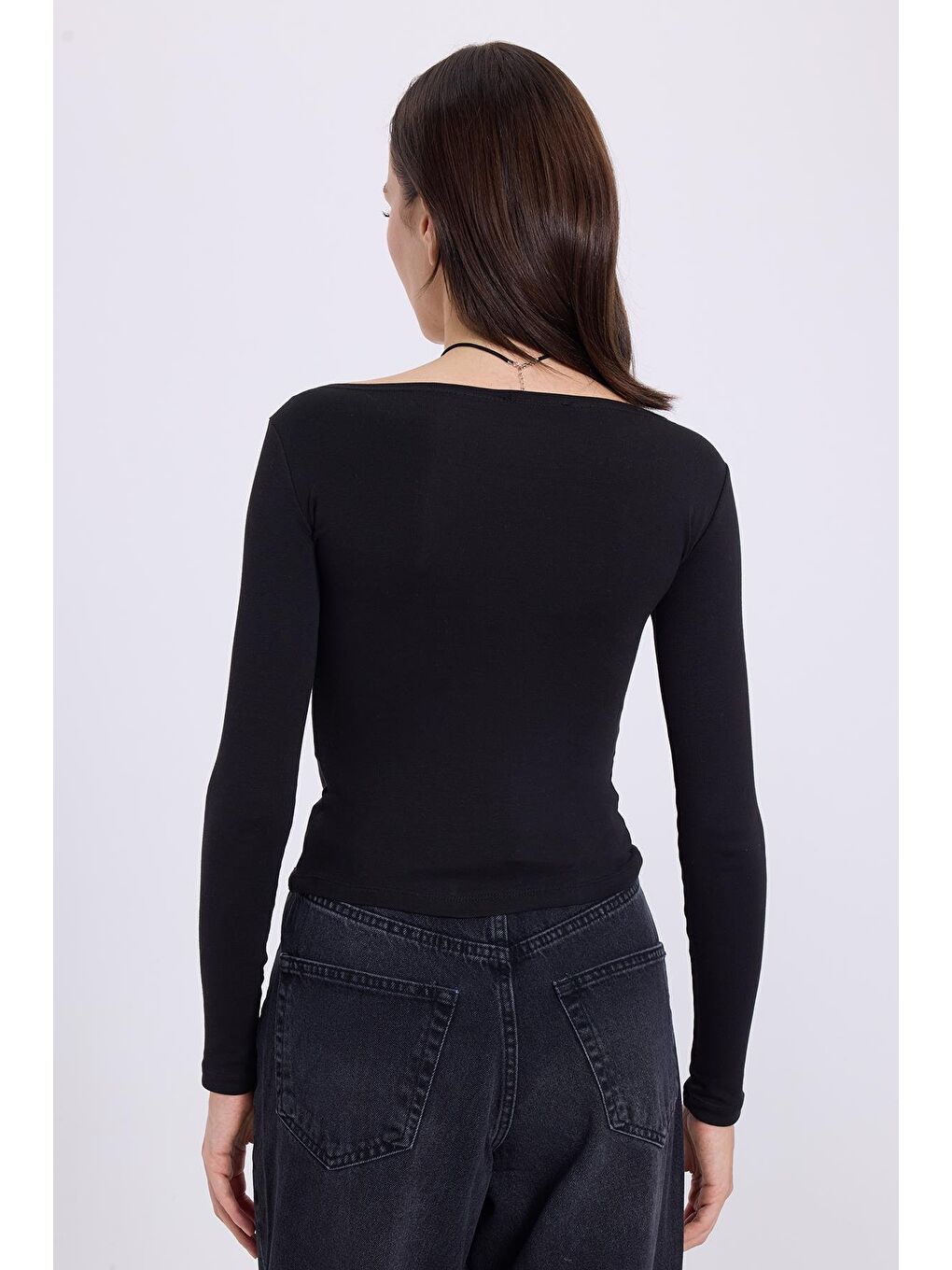 Kadın Slim Fit Dar Kesim Pamuklu Modal Kumaş Uzun Kollu Kayık Yaka Siyah Bluz-6