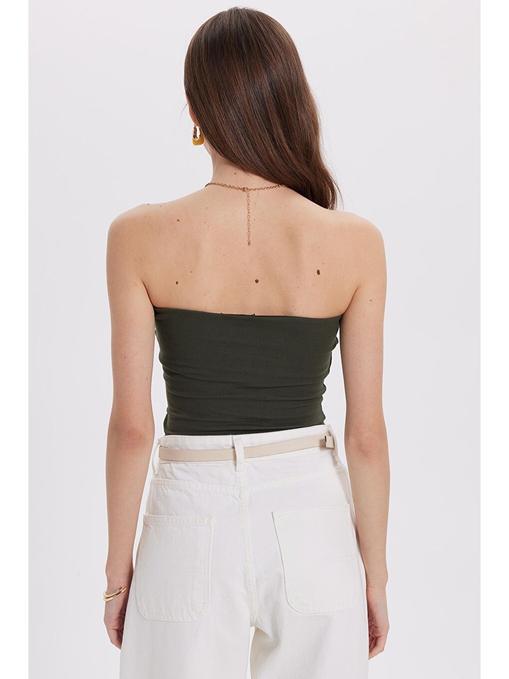 Kadın Slim Fit Dar Kesim Pamuklu Straplez Haki Bluz-6