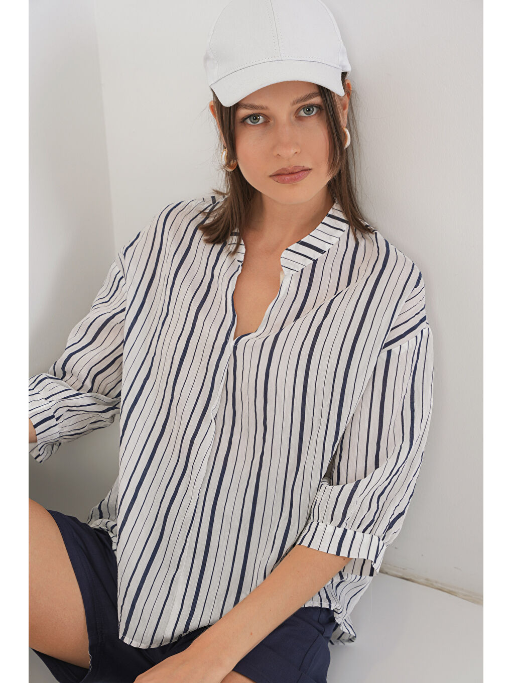 Kadın Çizgili Oversize Bluz 967 - F.Lacivert-6