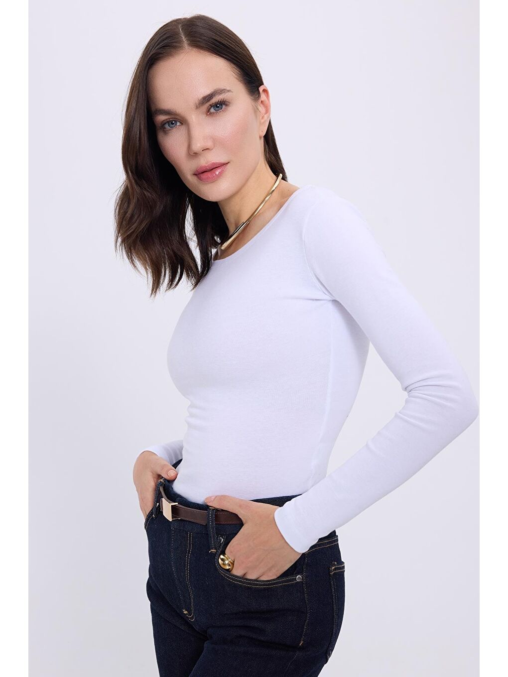 Kadın Slim Fit Dar Kesim Pamuklu Modal Kumaş Uzun Kollu Kayık Yaka Beyaz Bluz-1