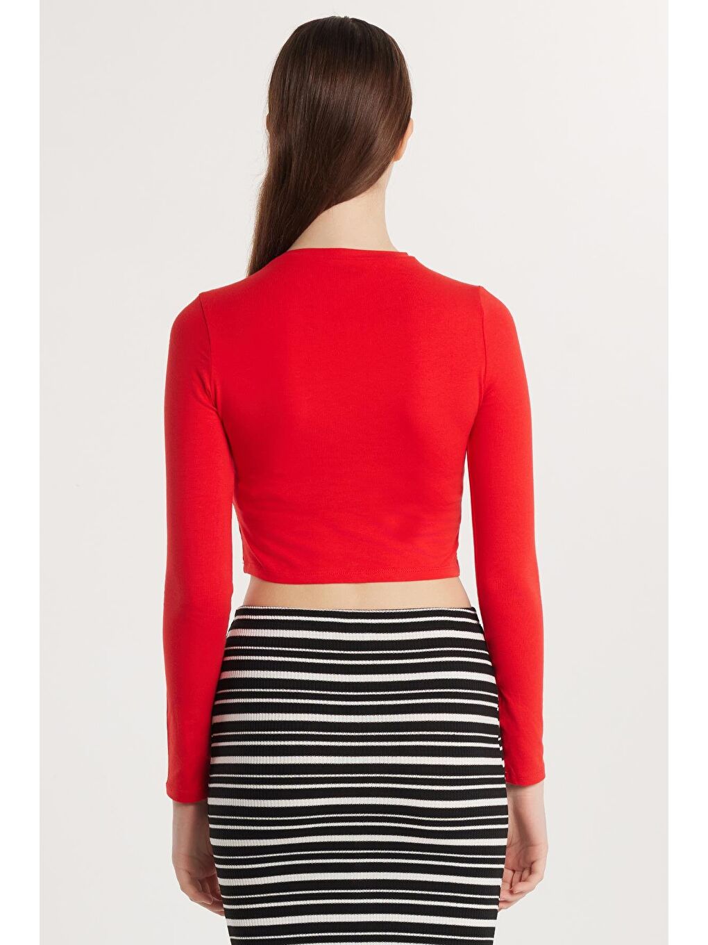 Kadın Slim Fit Pamuklu Düz Bisiklet Yaka Kırmızı Bluz-4
