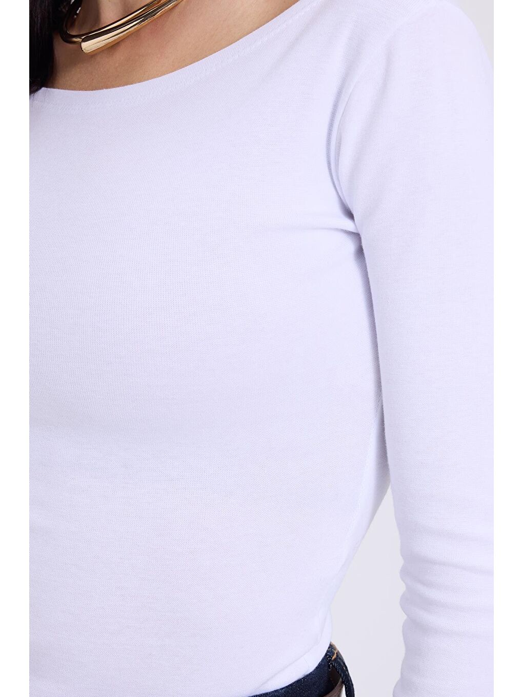 Kadın Slim Fit Dar Kesim Pamuklu Modal Kumaş Uzun Kollu Kayık Yaka Beyaz Bluz-2