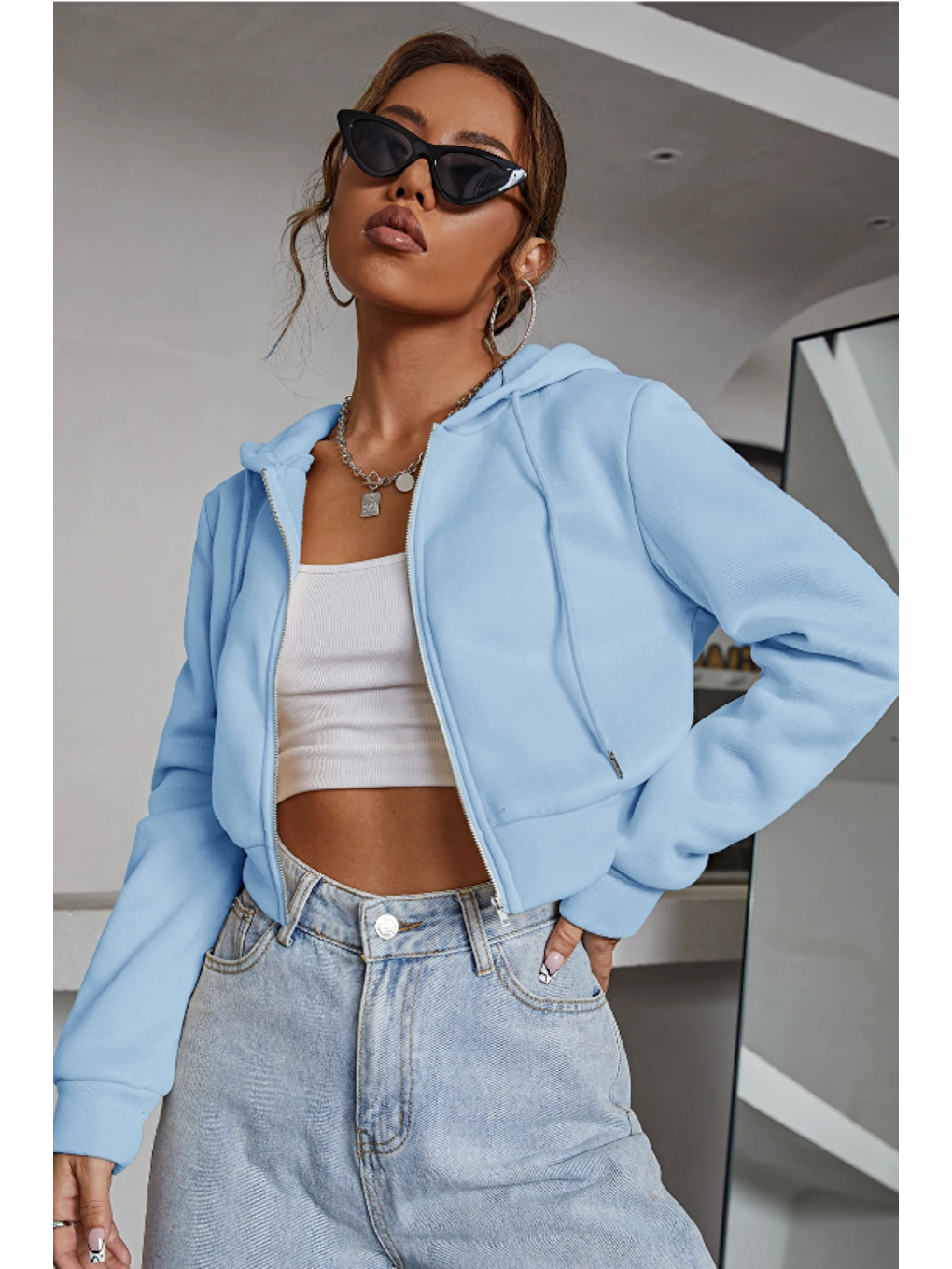 Kadın Kapüşonlu Şardonlu Mavi Renk Crop Sweatshirt