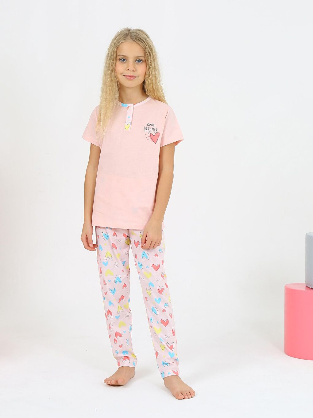 Pembe Kız Çocuk Kısa Kollu %100 Pamuklu Düğme Detaylı Dreamer Pijama Takımı