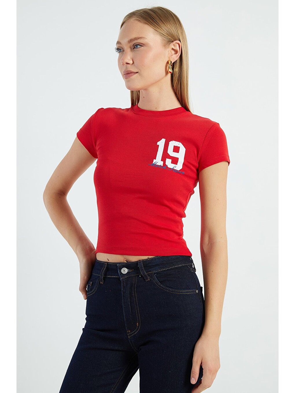 Kırmızı 19 Baskılı Slim Fit Tişört-3
