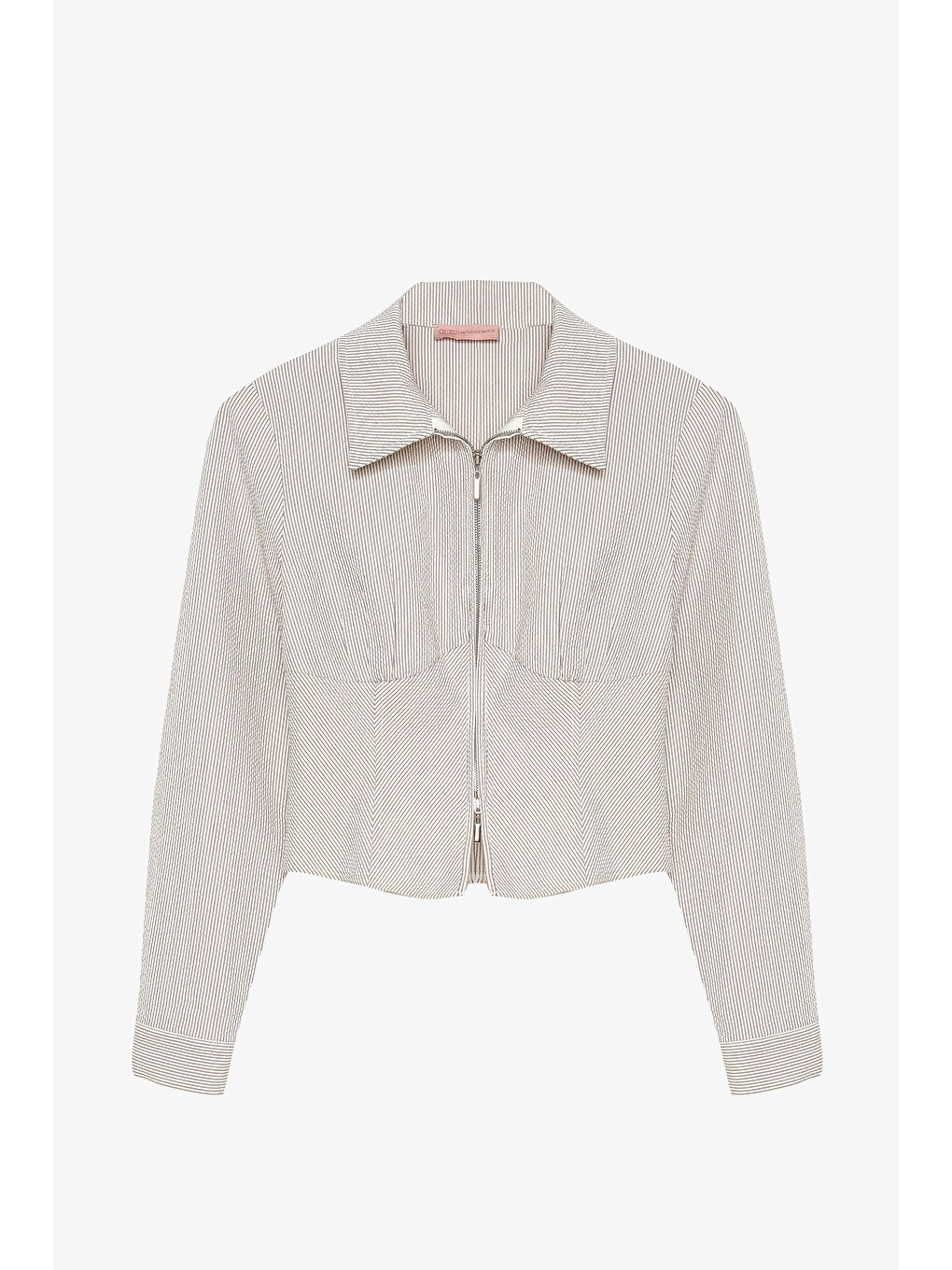 Klasik Yaka Önü Fermuarlı Dokulu Gömlek Ekru