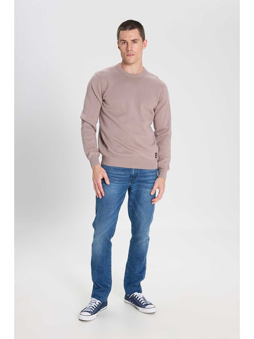 Bej Regular Fit Normal Kesim Bisiklet Yaka Vizon Triko Kazak-2