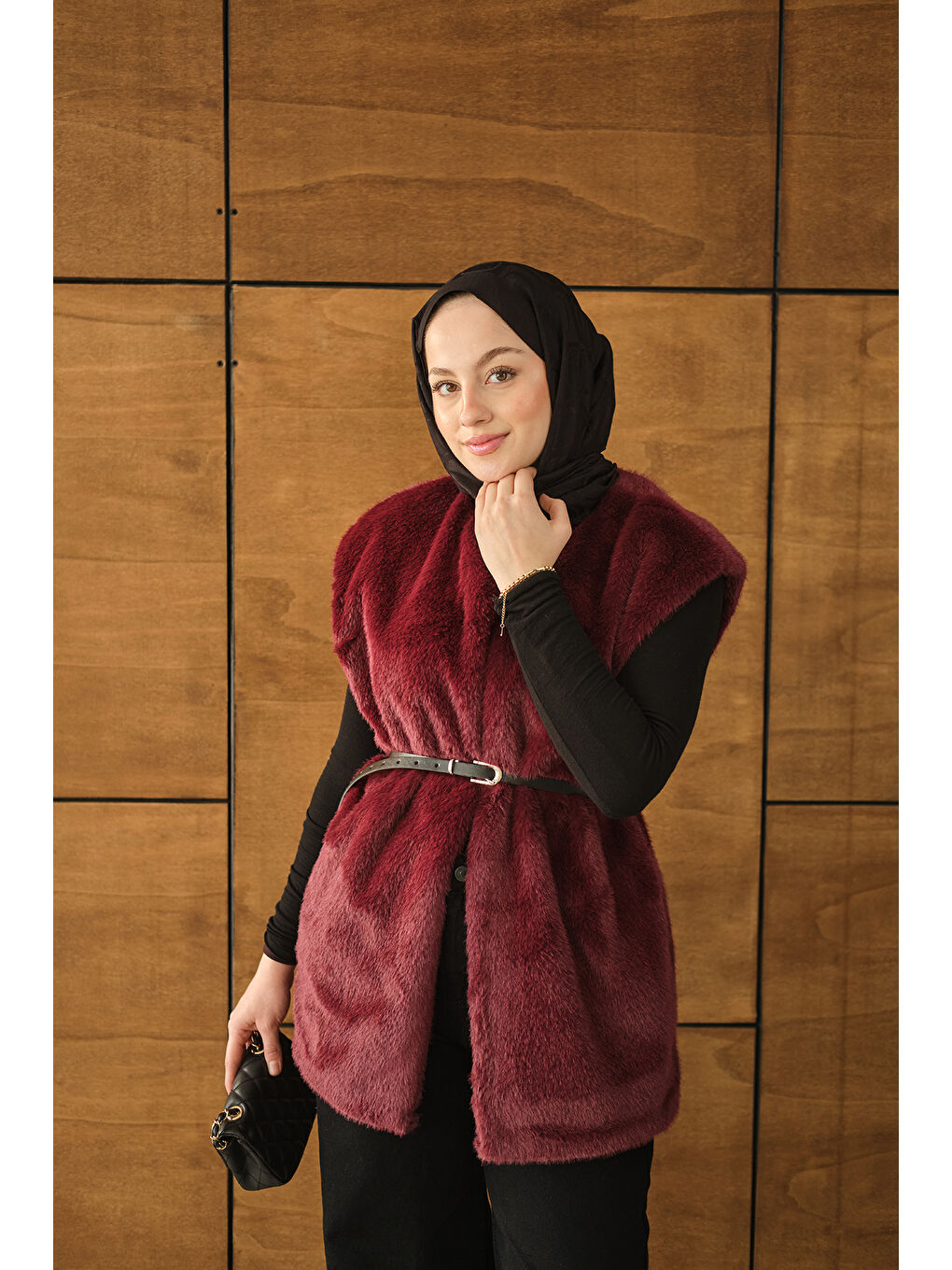 Kadın Kemer Detay Pelüş Yelek Bordo-2